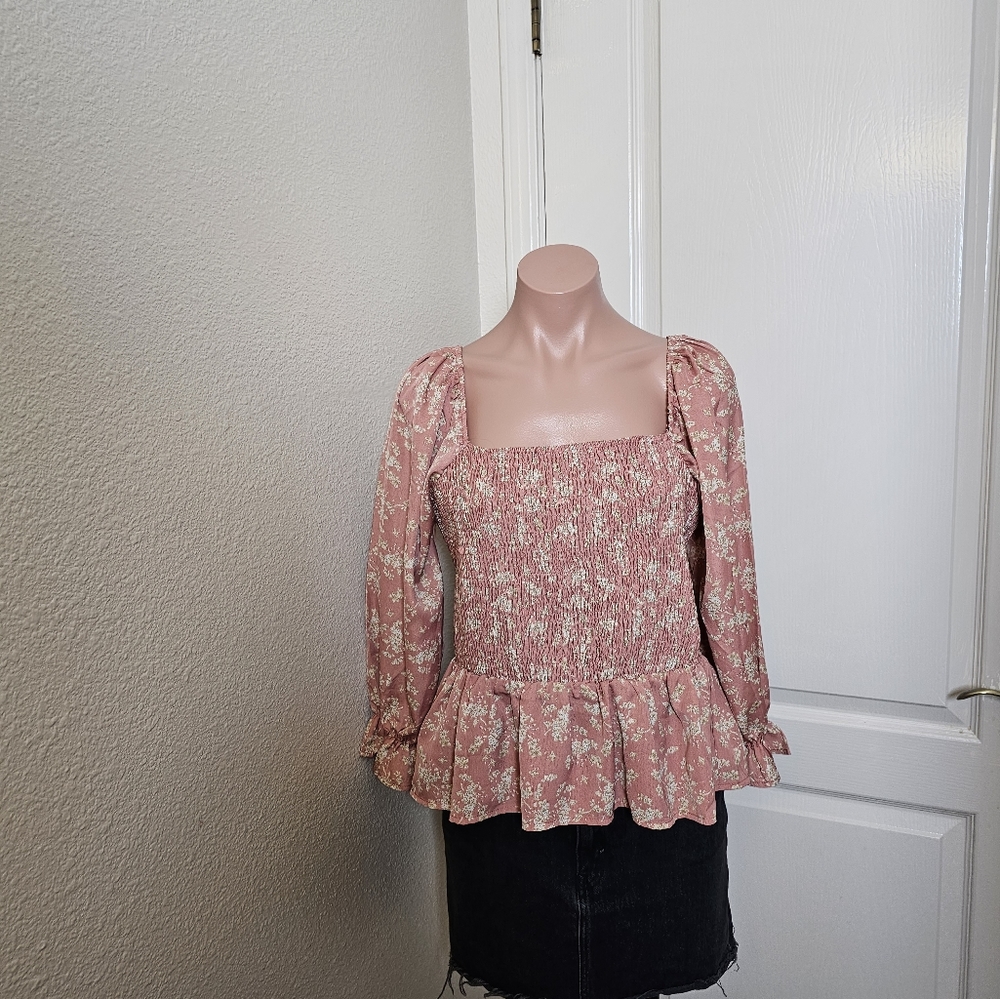 Womens paper crane square neck puff Sleeve Top sz XL